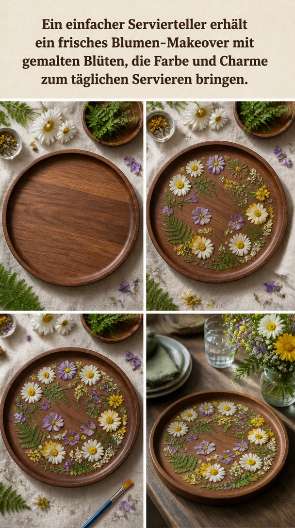 Ein einfacher Servierteller erhält ein frisches Blumen-Makeover mit gemalten Blüten, die Farbe und Charme zum täglichen Servieren bringen.