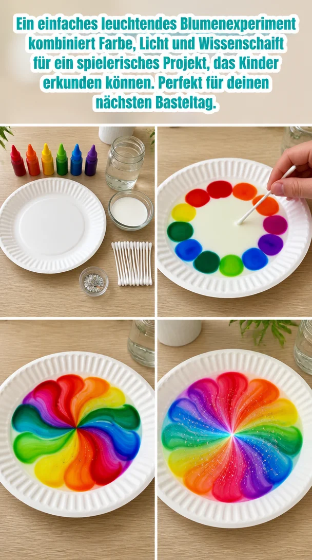 Ein einfaches leuchtendes Blumenexperiment kombiniert Farbe, Licht und Wissenschaft für ein spielerisches Projekt, das Kinder erkunden können. Perfekt für deinen nächsten Basteltag.