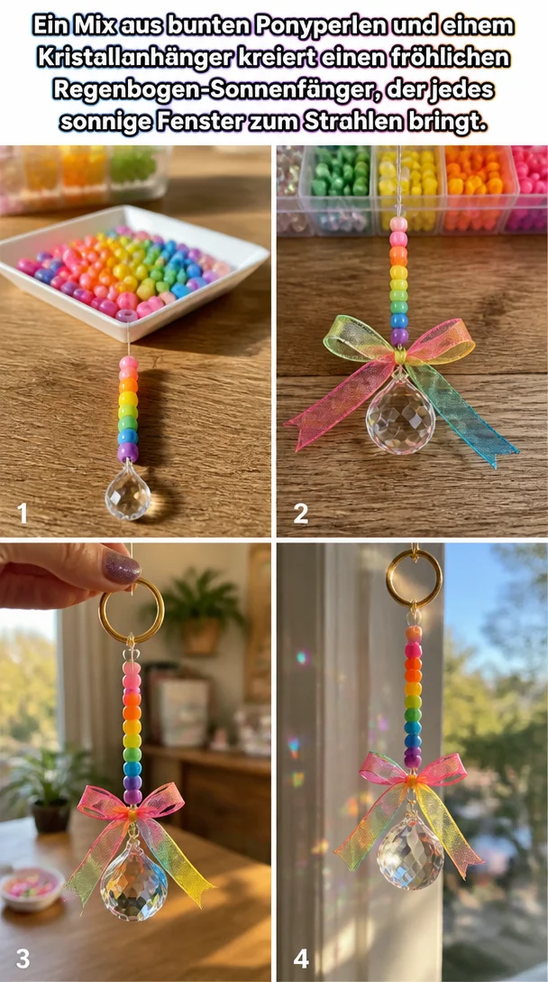 Ein Mix aus bunten Ponyperlen und einem Kristallanhänger kreiert einen fröhlichen Regenbogen-Sonnenfänger, der jedes sonnige Fenster zum Strahlen bringt.