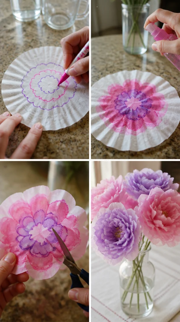 Einfache Kaffeefilter verwandeln sich in weiche, bunte Blumen, die wunderbar für Sträuße, Girlanden oder Frühlingsdekorationen geeignet sind.
