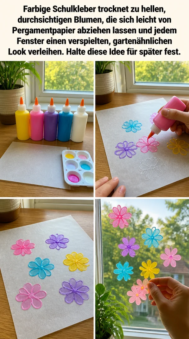 Farbige Schulkleber trocknet zu hellen, durchsichtigen Blumen, die sich leicht von Pergamentpapier abziehen lassen und jedem Fenster einen verspielten, gartenähnlichen Look verleihen. Halte diese Idee für später fest.