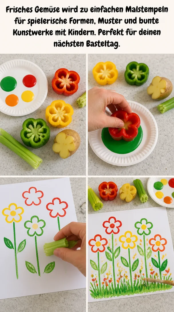 Frisches Gemüse wird zu einfachen Malstempeln für spielerische Formen, Muster und bunte Kunstwerke mit Kindern. Perfekt für deinen nächsten Basteltag.
