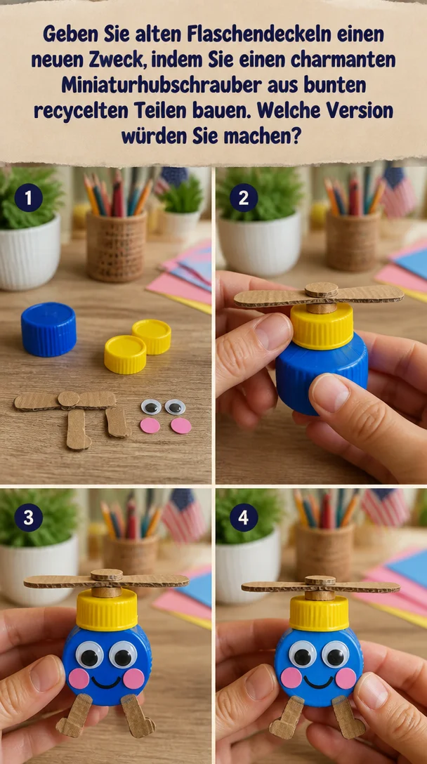 Geben Sie alten Flaschendeckeln einen neuen Zweck, indem Sie einen charmanten Miniaturhubschrauber aus bunten recycelten Teilen bauen. Welche Version würden Sie machen?