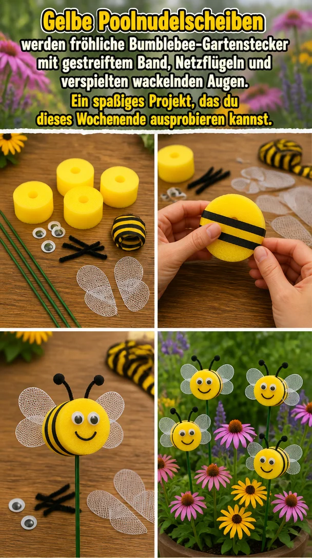 Gelbe Poolnudelscheiben werden fröhliche Bumblebee-Gartenstecker mit gestreiftem Band, Netzflügeln und verspielten wackelnden Augen. Ein spaßiges Projekt, das du dieses Wochenende ausprobieren kannst.