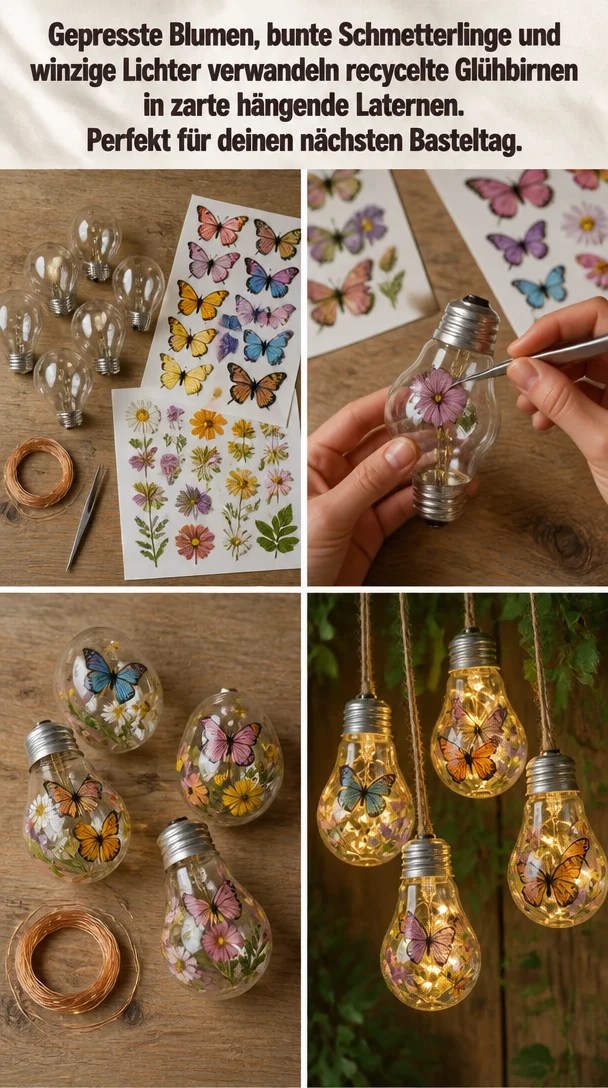 Gepresste Blumen, bunte Schmetterlinge und winzige Lichter verwandeln recycelte Glühbirnen in zarte hängende Laternen. Perfekt für deinen nächsten Basteltag.