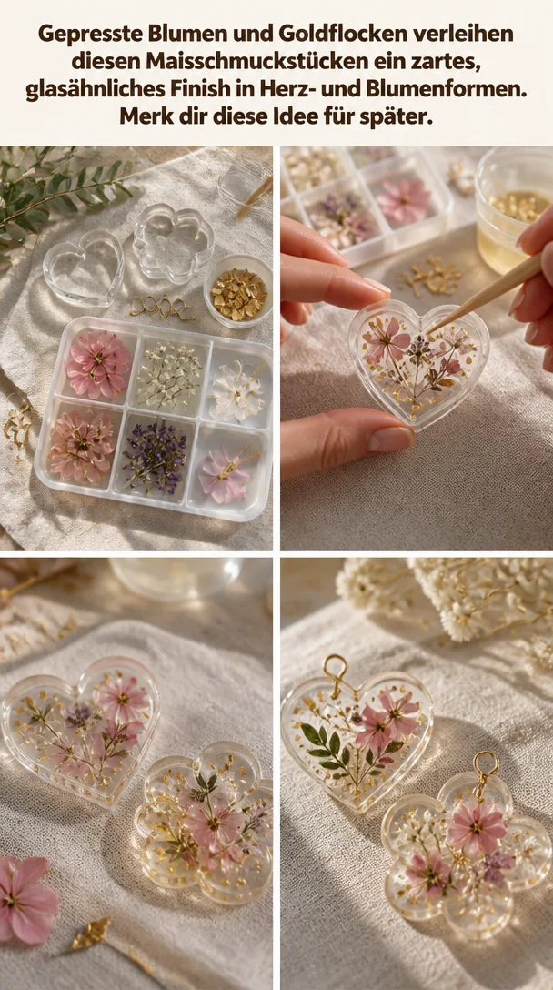 Gepresste Blumen und Goldflocken verleihen diesen Maisschmuckstücken ein zartes, glasähnliches Finish in Herz- und Blumenformen. Merk dir diese Idee für später.