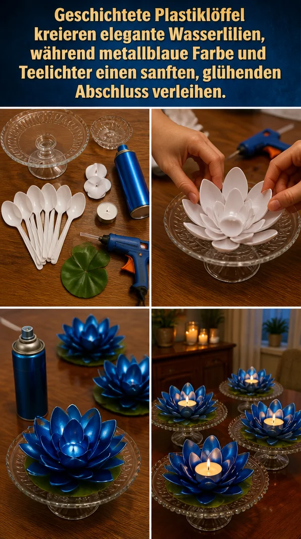 Geschichtete Plastiklöffel kreieren elegante Wasserlilien, während metallblaue Farbe und Teelichter einen sanften, glühenden Abschluss verleihen.