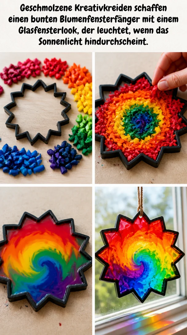 Geschmolzene Kreativkreiden schaffen einen bunten Blumenfensterfänger mit einem Glasfensterlook, der leuchtet, wenn das Sonnenlicht hindurchscheint.