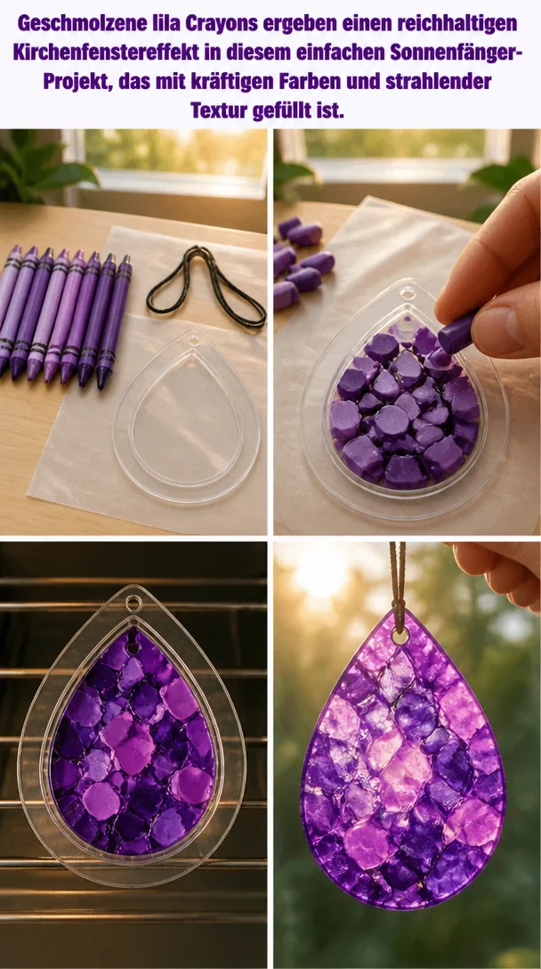 Geschmolzene lila Crayons ergeben einen reichhaltigen Kirchenfenstereffekt in diesem einfachen Sonnenfänger-Projekt, das mit kräftigen Farben und strahlender Textur gefüllt ist.