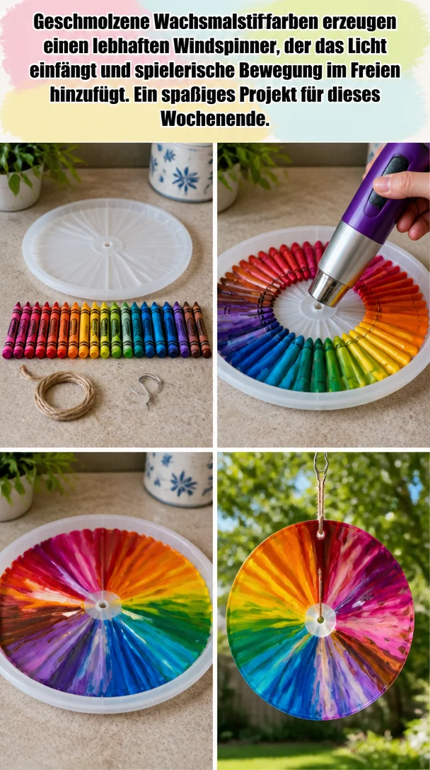 Geschmolzene Wachsmalstiftfarben erzeugen einen lebhaften Windspinner, der das Licht einfängt und spielerische Bewegung im Freien hinzufügt. Ein spaßiges Projekt für dieses Wochenende.