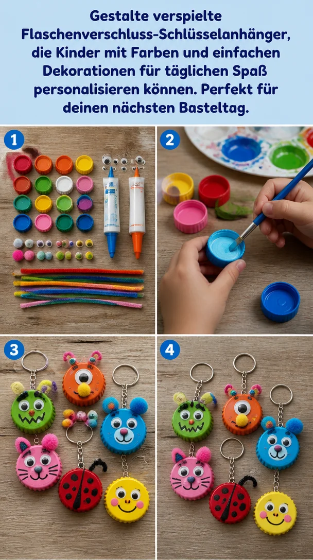Gestalte verspielte Flaschenverschluss-Schlüsselanhänger, die Kinder mit Farben und einfachen Dekorationen für täglichen Spaß personalisieren können. Perfekt für deinen nächsten Basteltag.