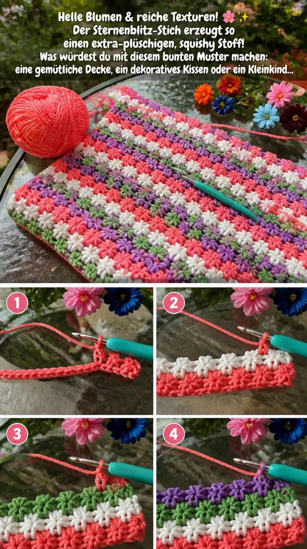 Helle Blumen & reiche Texturen! 🌸✨ Der Sternenblitz-Stich erzeugt so einen extra-plüschigen, squishy Stoff! Was würdest du mit diesem bunten Muster machen: eine gemütliche Decke, ein dekoratives Kissen oder ein Kleinkind…
