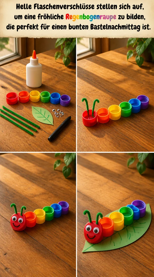 Helle Flaschenverschlüsse stellen sich auf, um eine fröhliche Regenbogenraupe zu bilden, die perfekt für einen bunten Bastelnachmittag ist.