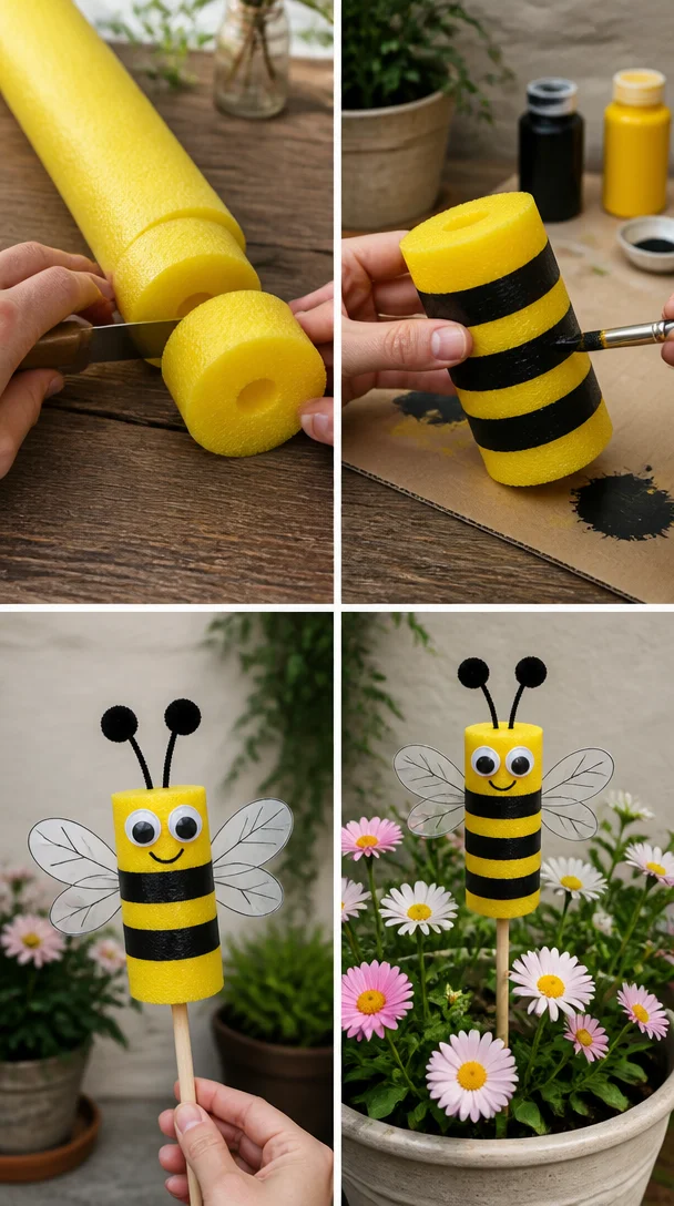Helle Poolnudeln verwandeln sich in verspielte Bumblebee-Gartenstecker, die Farbe und Persönlichkeit zu Blumenbeeten oder Pflanzgefäßen hinzufügen. Perfekt für deinen nächsten Basteltag.