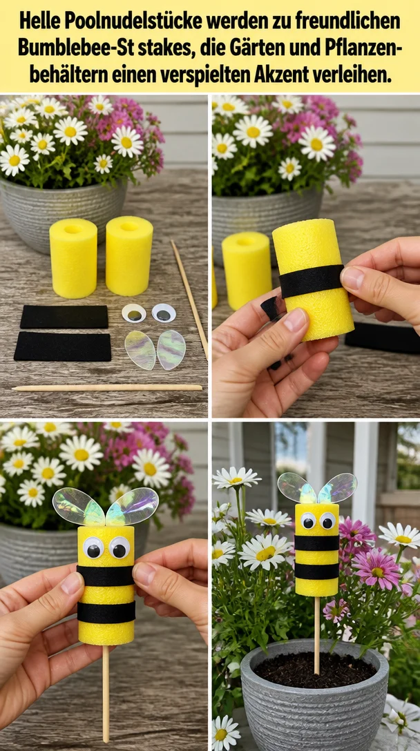 Helle Poolnudelstücke werden zu freundlichen Bumblebee-St stakes, die Gärten und Pflanzenbehältern einen verspielten Akzent verleihen.