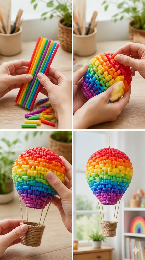 Helle Trinkhalme vereinen sich zu einem fröhlichen Regenbogen-Heißluftballon, der perfekt zur Dekoration eines Spielzimmers oder Klassenzimmers geeignet ist. Ein lustiges Projekt, das du an diesem Wochenende ausprobieren kannst.