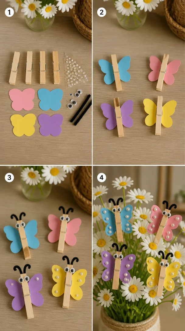 Holzklammern, bunte Flügel und einfache Dekorationen vereinen sich zu charmanten Schmetterlingen, die sich gut zum Ausstellen oder Spielen eignen.