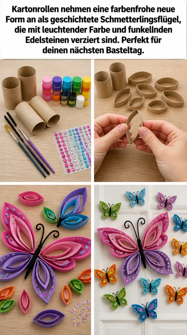 Kartonrollen nehmen eine farbenfrohe neue Form an als geschichtete Schmetterlingsflügel, die mit leuchtender Farbe und funkelnden Edelsteinen verziert sind. Perfekt für deinen nächsten Basteltag.