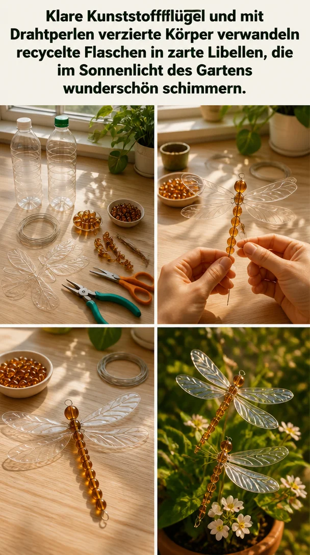Klare Kunststoffflügel und mit Drahtperlen verzierte Körper verwandeln recycelte Flaschen in zarte Libellen, die im Sonnenlicht des Gartens wunderschön schimmern.