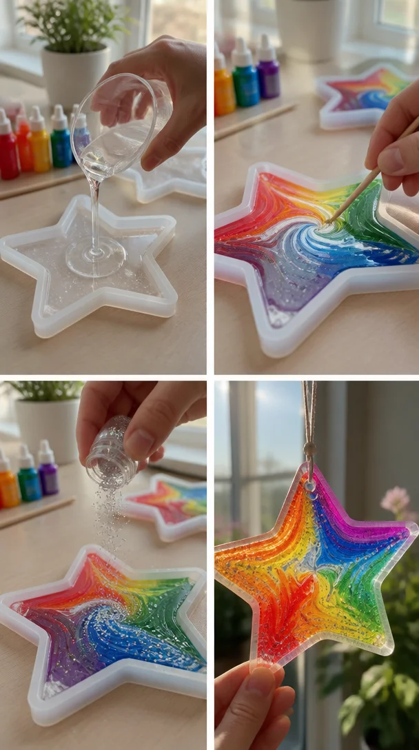 Klarer Kleber, Regenbogenfarben und Glitzer erzeugen durchscheinende Stern-Dekorationen, die das Licht wunderschön in jedem Fenster einfangen.