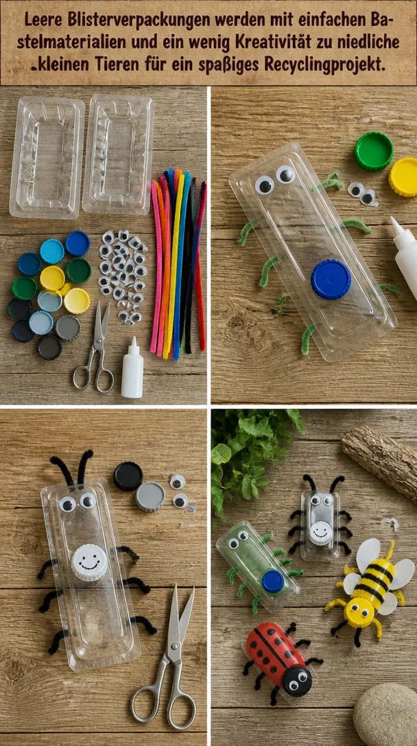 Leere Blisterverpackungen werden mit einfachen Bastelmaterialien und ein wenig Kreativität zu niedlichen kleinen Tieren für ein spaßiges Recyclingprojekt.