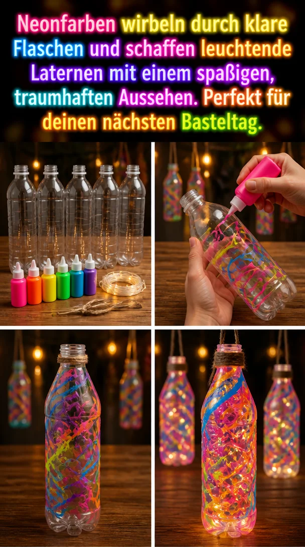 Neonfarben wirbeln durch klare Flaschen und schaffen leuchtende Laternen mit einem spaßigen, traumhaften Aussehen. Perfekt für deinen nächsten Basteltag.
