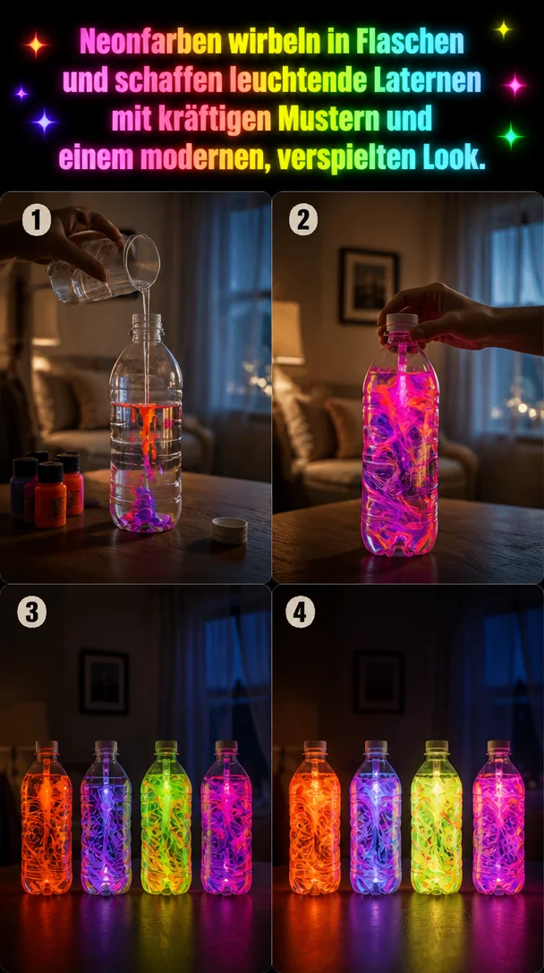 Neonfarben wirbeln in Flaschen und schaffen leuchtende Laternen mit kräftigen Mustern und einem modernen, verspielten Look.