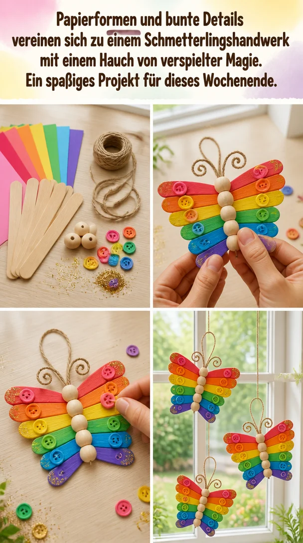 Papierformen und bunte Details vereinen sich zu einem Schmetterlingshandwerk mit einem Hauch von verspielter Magie. Ein spaßiges Projekt für dieses Wochenende.