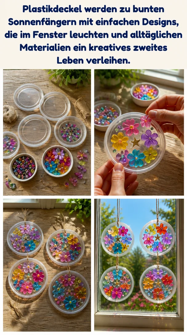 Plastikdeckel werden zu bunten Sonnenfängern mit einfachen Designs, die im Fenster leuchten und alltäglichen Materialien ein kreatives zweites Leben verleihen.