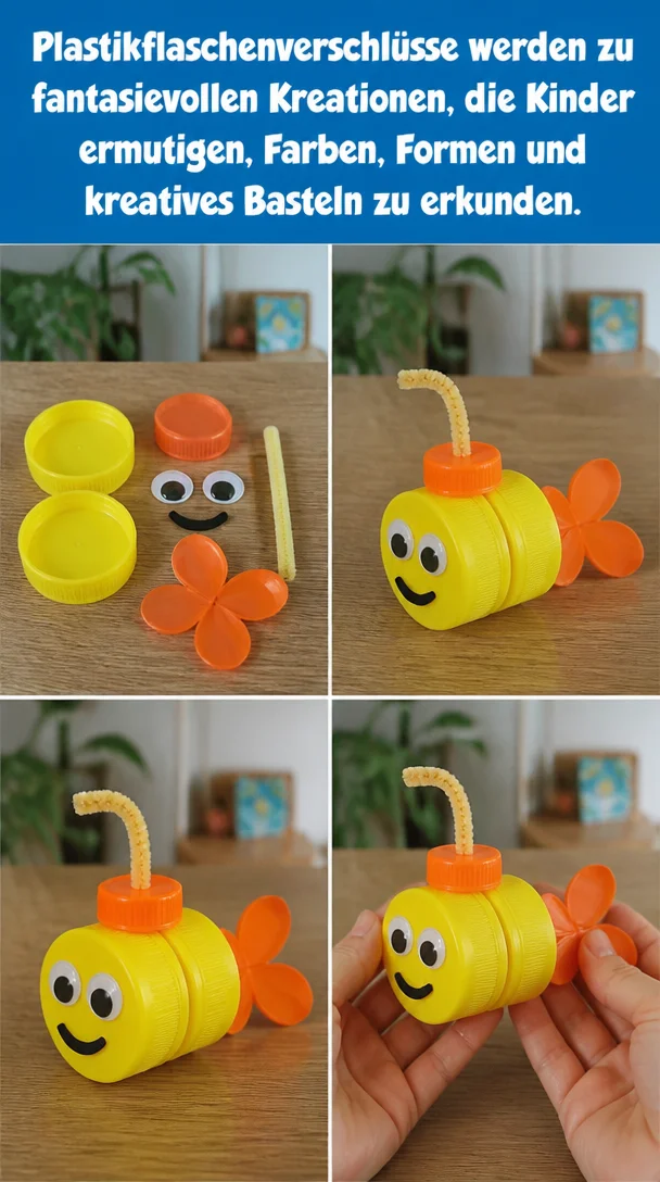Plastikflaschenverschlüsse werden zu fantasievollen Kreationen, die Kinder ermutigen, Farben, Formen und kreatives Basteln zu erkunden.