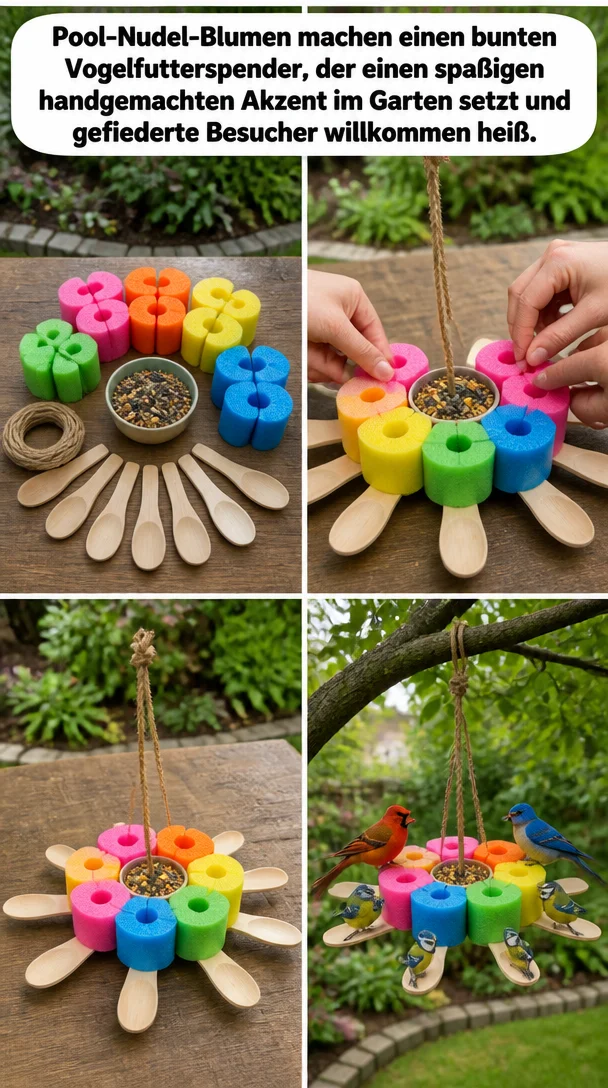 Pool-Nudel-Blumen machen einen bunten Vogelfutterspender, der einen spaßigen handgemachten Akzent im Garten setzt und gefiederte Besucher willkommen heißt.