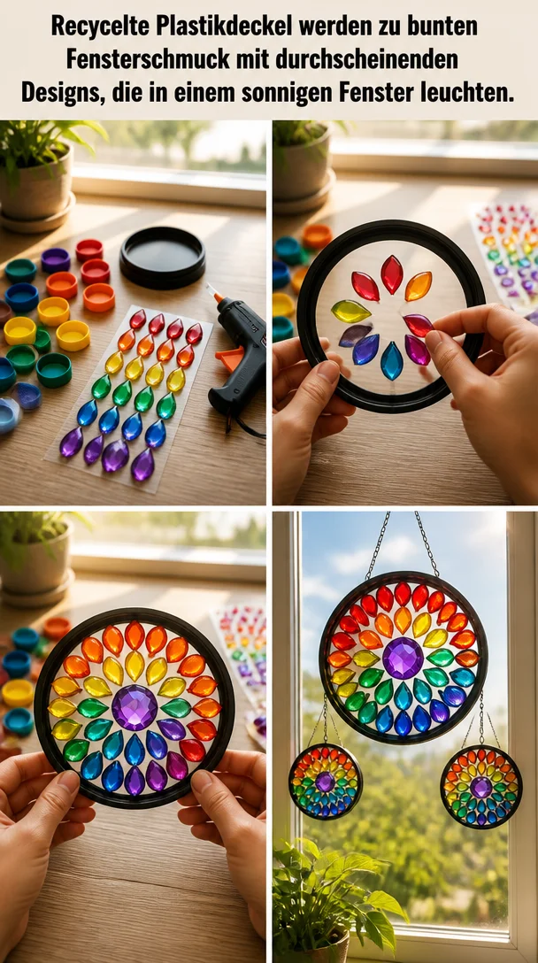 Recycelte Plastikdeckel werden zu bunten Fensterschmuck mit durchscheinenden Designs, die in einem sonnigen Fenster leuchten.