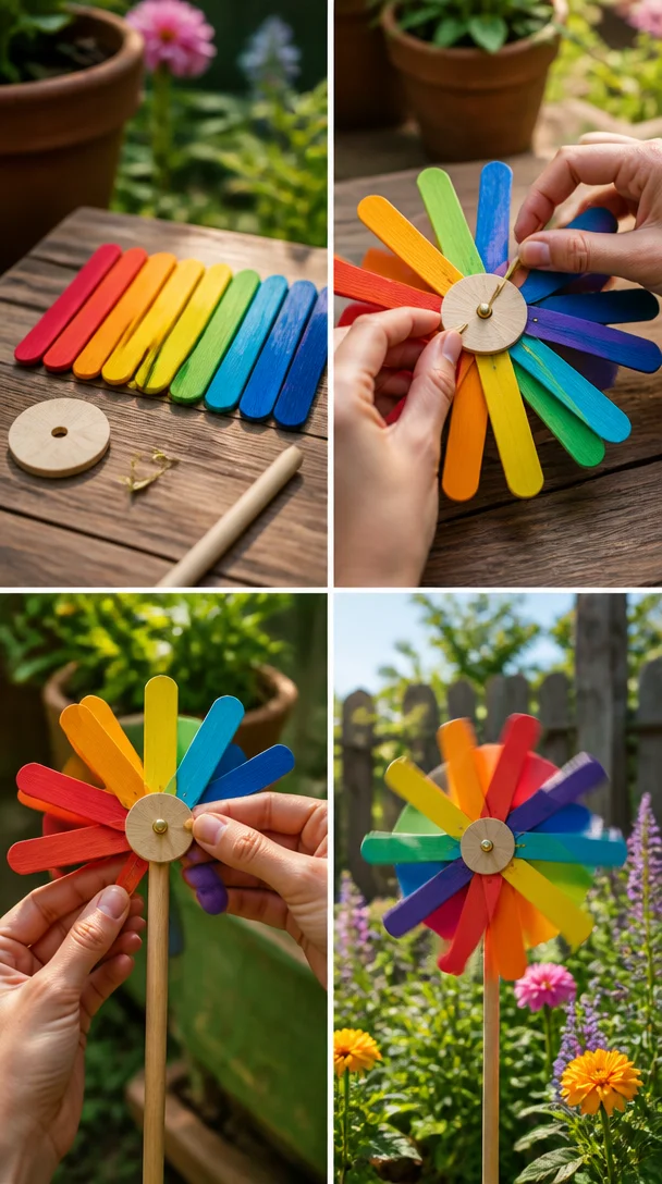 Regenbogen-Eisstiele werden zu einer fröhlichen Gartenwindmühle, die sich wunderschön in der Brise dreht und farbenfrohen Outdoor-Charme verleiht. Perfekt für deinen nächsten Basteltag.
