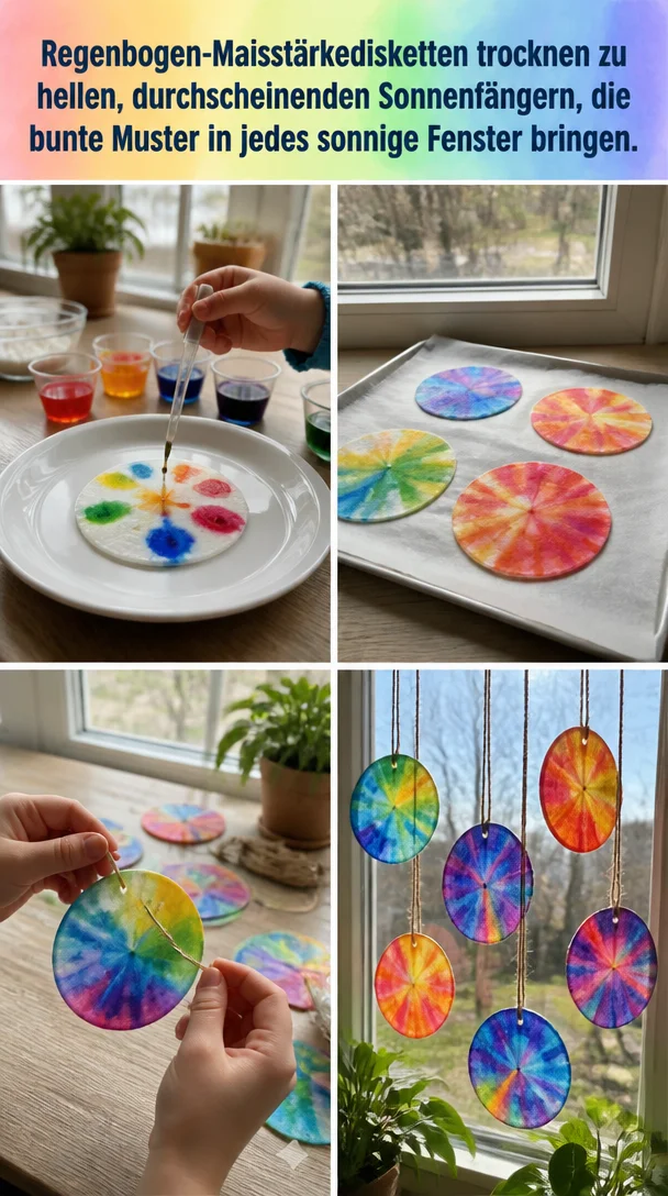 Regenbogen-Maisstärkedisketten trocknen zu hellen, durchscheinenden Sonnenfängern, die bunte Muster in jedes sonnige Fenster bringen.