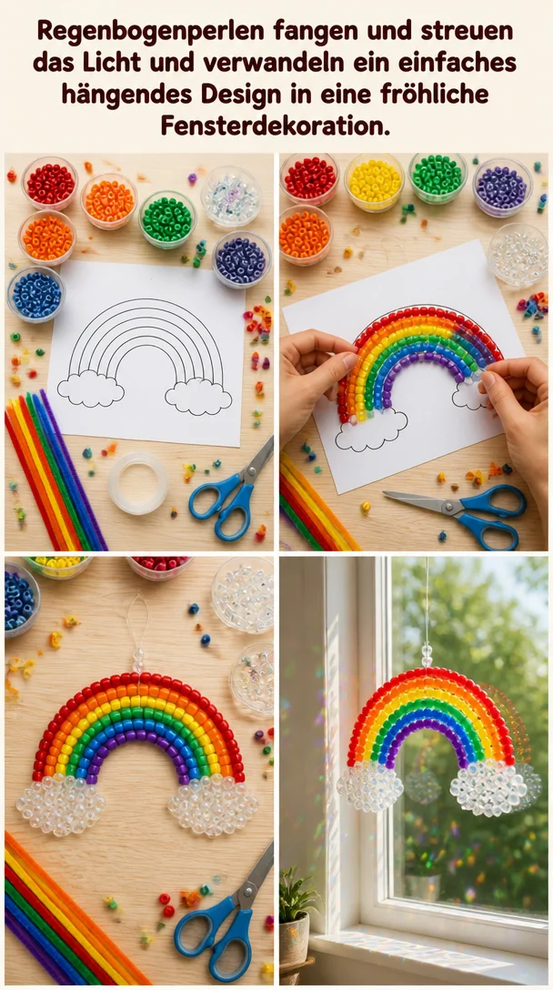 Regenbogenperlen fangen und streuen das Licht und verwandeln ein einfaches hängendes Design in eine fröhliche Fensterdekoration.