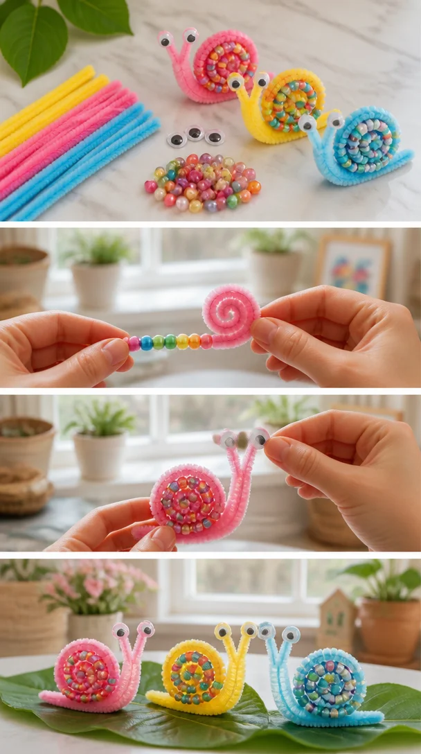 Rohrreiniger und bunte Perlen schaffen charmante kleine Schnecken mit verspielten Formen, die Spaß machen zu basteln und auszustellen.