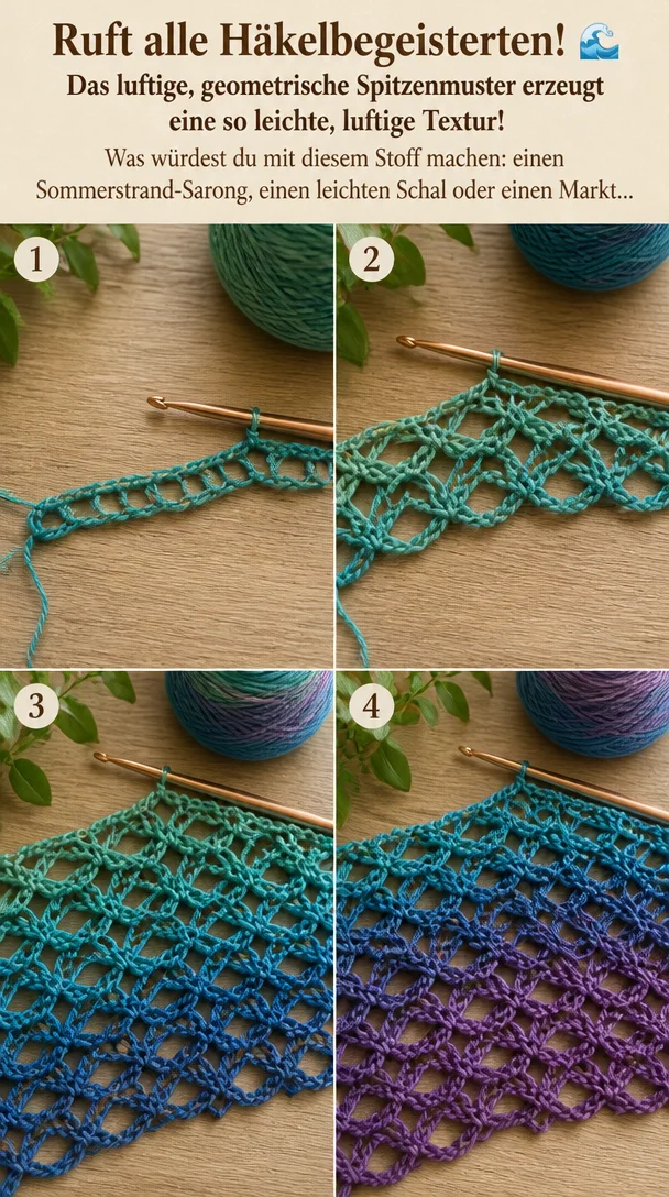 Ruft alle Häkelbegeisterten! 🌊 Das luftige, geometrische Spitzenmuster erzeugt eine so leichte, luftige Textur! Was würdest du mit diesem Stoff machen: einen Sommerstrand-Sarong, einen leichten Schal oder einen Markt…