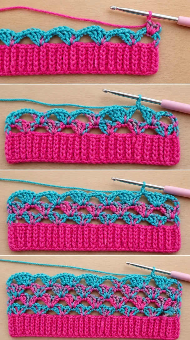 Ruft alle Häklerinnen! 💖🩵 Helles Magenta + elektrisches Türkis—liebe es oder lass es? 🤔 Diese Spitzenmuscheltextur kombiniert mit einem festen gerippten Rand schafft den hübschesten Abschluss! Was würdest du mit t… kreieren?
