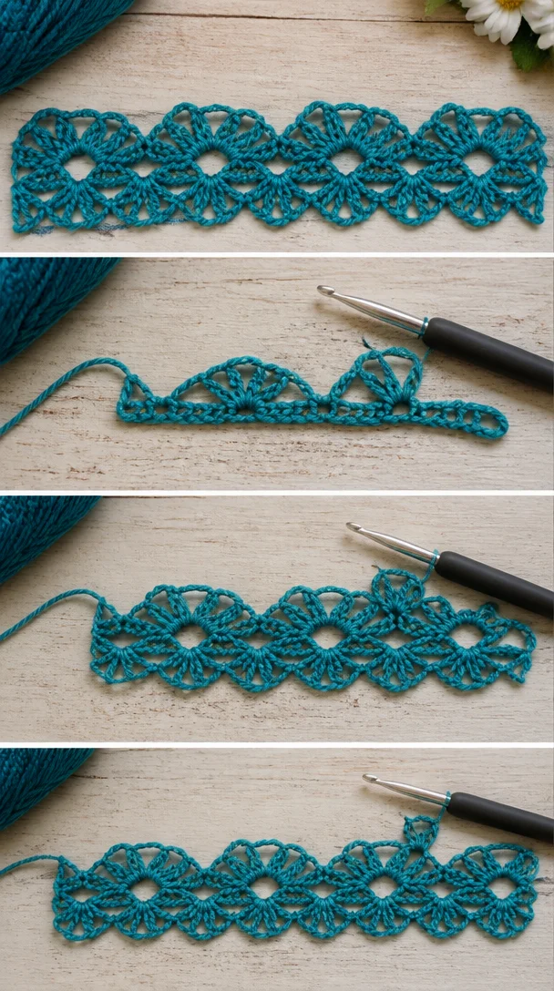 🌺🩵 SCHAU DIR DAS FEINE SPITZENDETAIL AN! Egal, ob du es als Kantenstreifen verwendest oder in ein vollständiges Blumenmesh einbaust, dieser Stich ist pure Eleganz! 😍 Möchtest du das kostenlose Muster und die Schritt-für-Schritt-Anleitung?