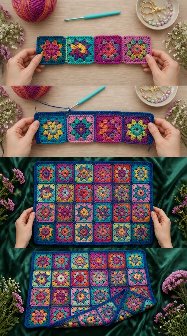 🌸💙 SCHAU DIR DIE JUWELENFARBEN AN! Die Kombination aus meliertem Garn und klaren, einfarbigen Rändern lässt diese mini Sternenstrahl-Quadrate wie winzige Buntglasfenster aussehen! 😍