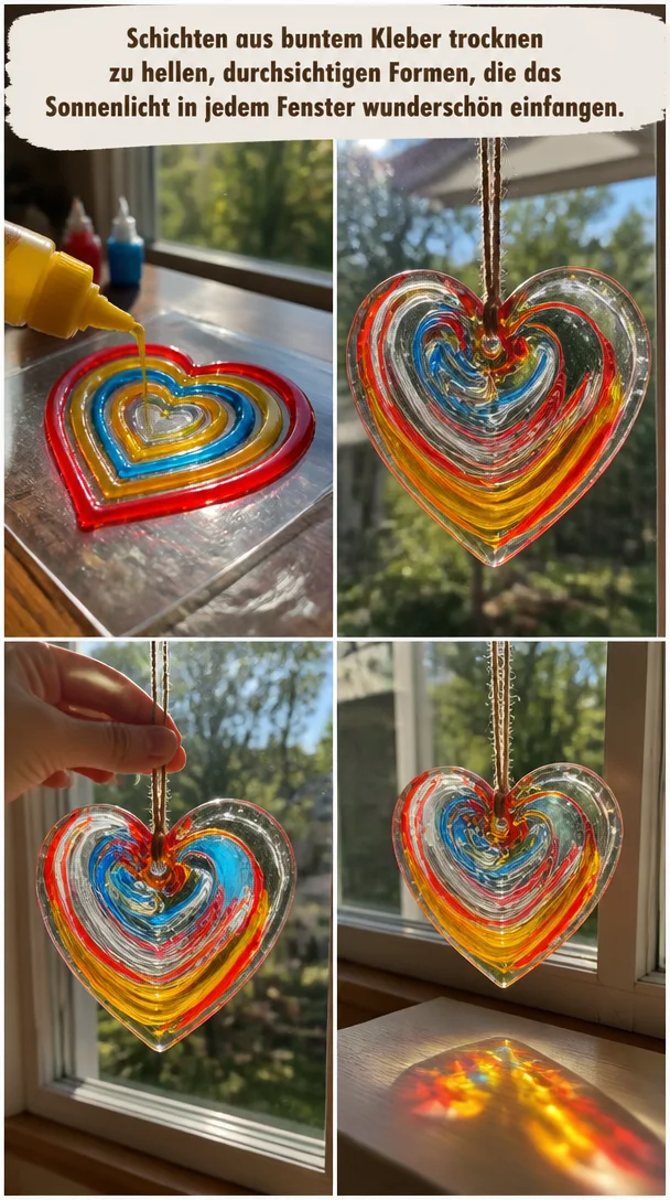 Schichten aus buntem Kleber trocknen zu hellen, durchsichtigen Formen, die das Sonnenlicht in jedem Fenster wunderschön einfangen.