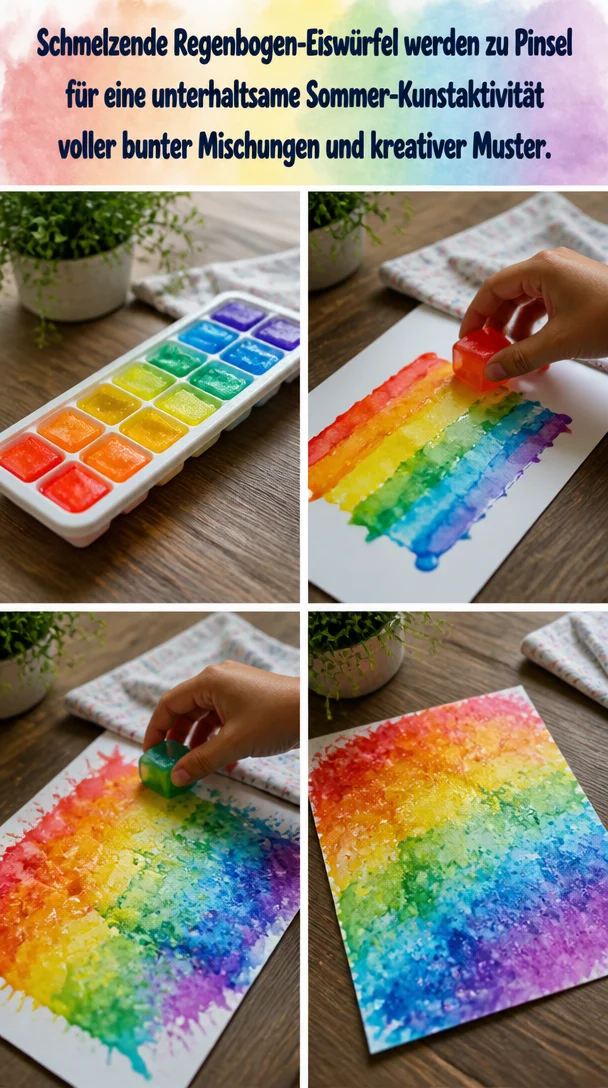 Schmelzende Regenbogen-Eiswürfel werden zu Pinsel für eine unterhaltsame Sommer-Kunstaktivität voller bunter Mischungen und kreativer Muster.