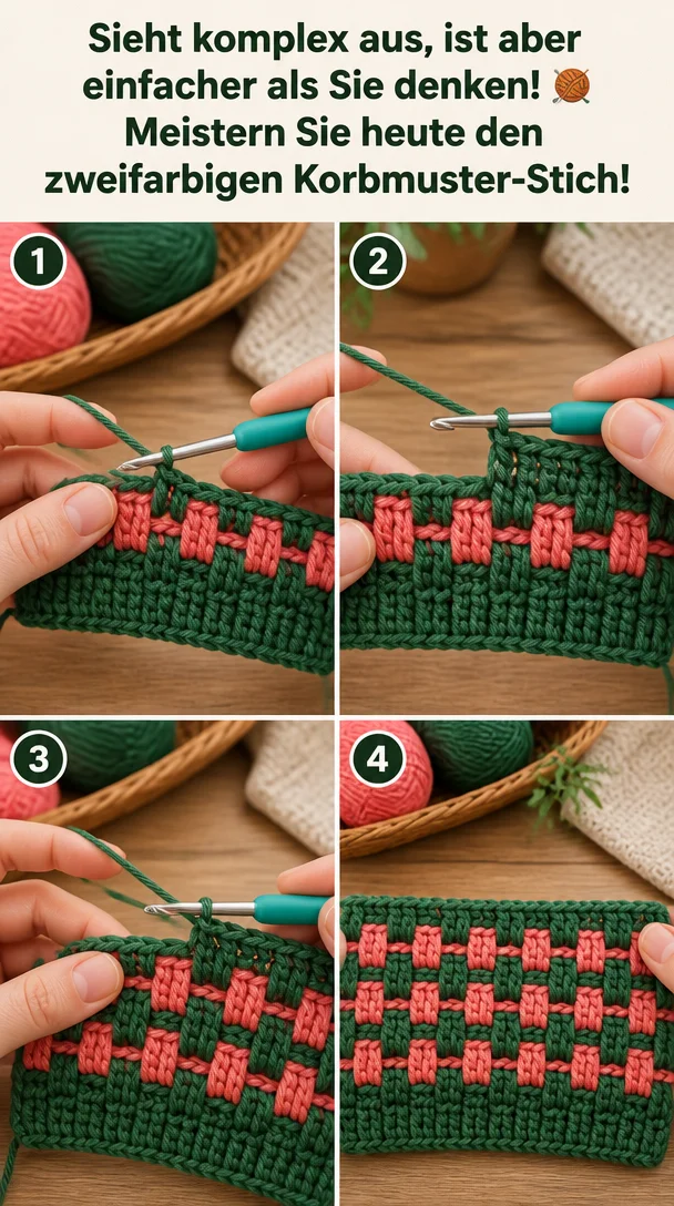 Sieht komplex aus, ist aber einfacher als Sie denken! 🧶 Meistern Sie heute den zweifarbigen Korbmuster-Stich!
