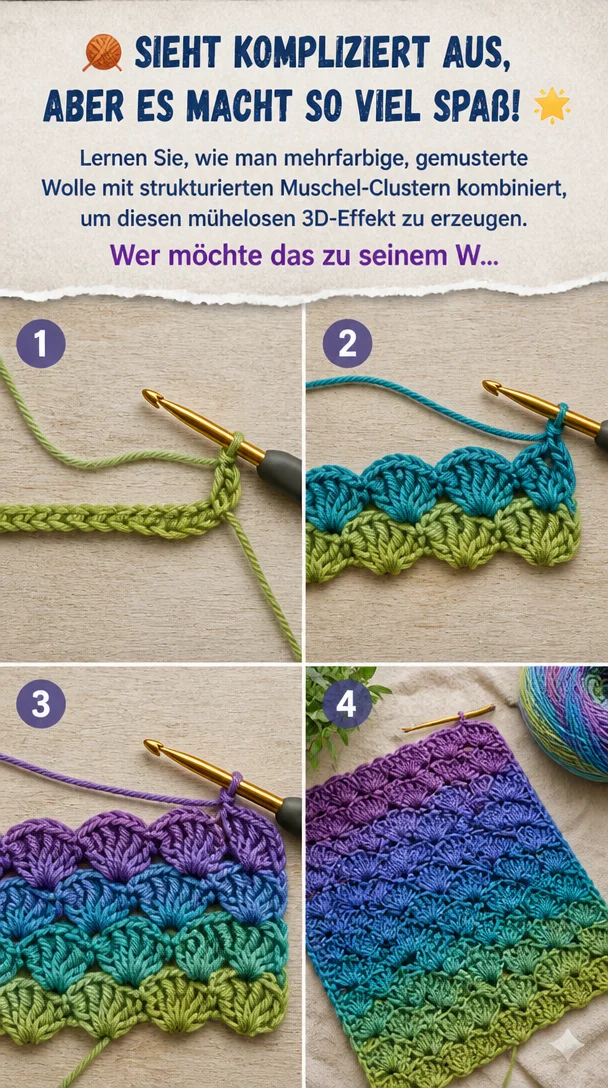 🧶 SIEHT KOMPLIZIERT AUS, ABER ES MACHT SO VIEL SPAß! 🌟 Lernen Sie, wie man mehrfarbige, gemusterte Wolle mit strukturierten Muschel-Clustern kombiniert, um diesen mühelosen 3D-Effekt zu erzeugen. Wer möchte das zu seinem W… hinzufügen?