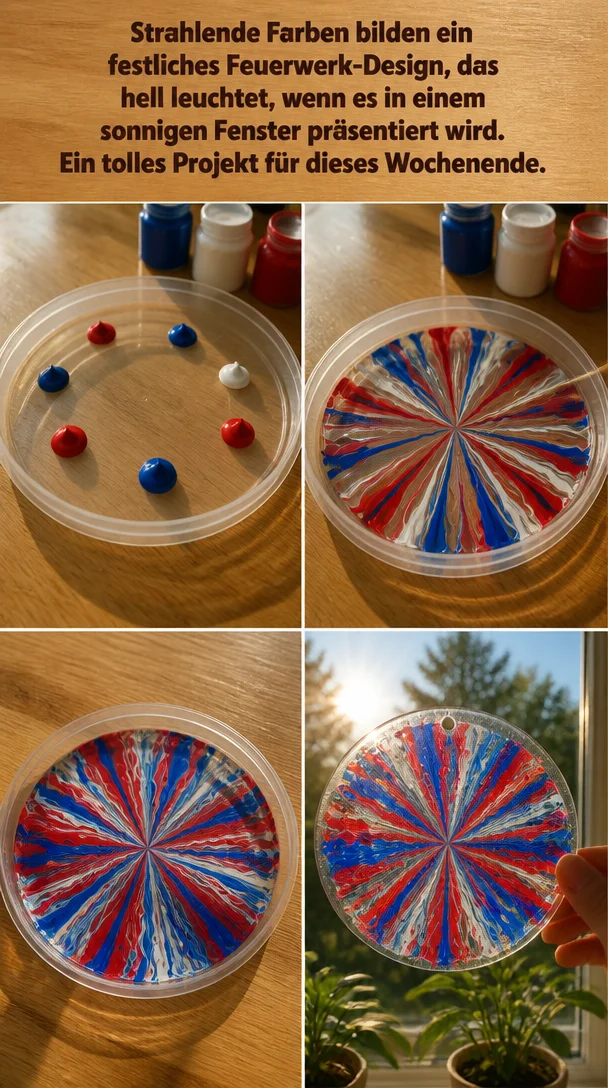 Strahlende Farben bilden ein festliches Feuerwerk-Design, das hell leuchtet, wenn es in einem sonnigen Fenster präsentiert wird. Ein tolles Projekt für dieses Wochenende.