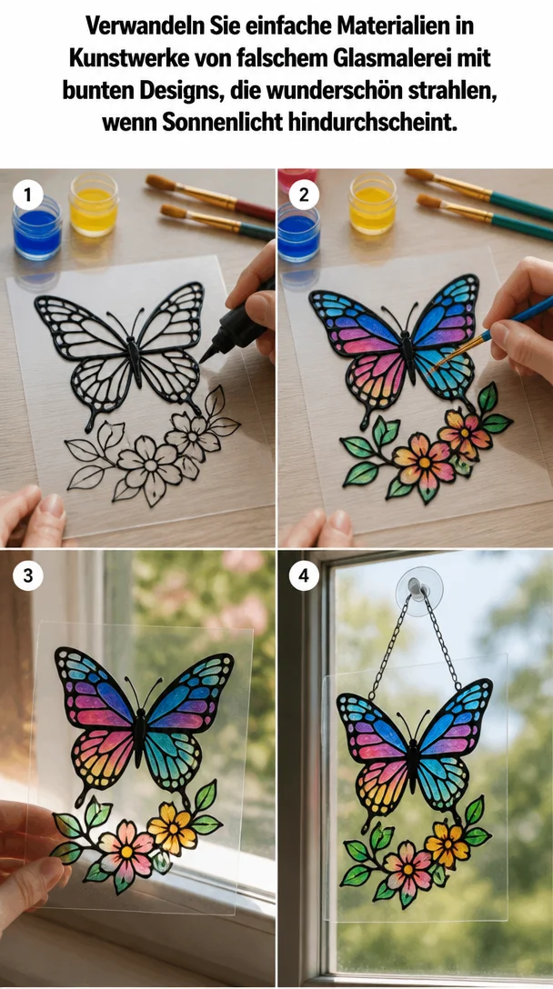 Verwandeln Sie einfache Materialien in Kunstwerke von falschem Glasmalerei mit bunten Designs, die wunderschön strahlen, wenn Sonnenlicht hindurchscheint.