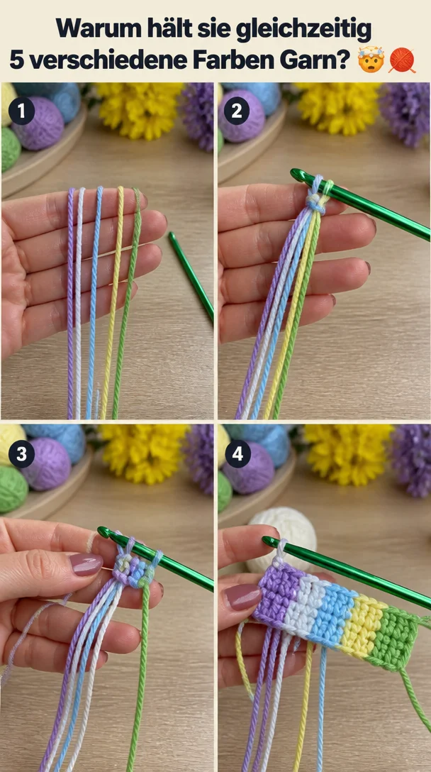 Warum hält sie gleichzeitig 5 verschiedene Farben Garn? 🤯🧶