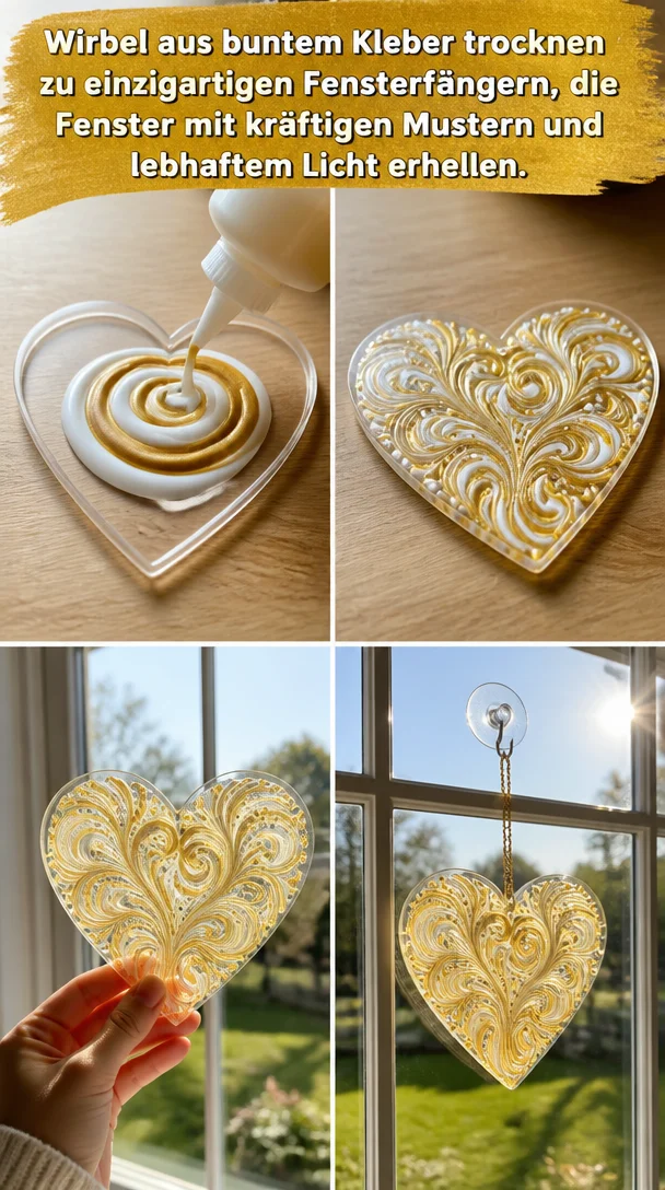 Wirbel aus buntem Kleber trocknen zu einzigartigen Fensterfängern, die Fenster mit kräftigen Mustern und lebhaftem Licht erhellen.