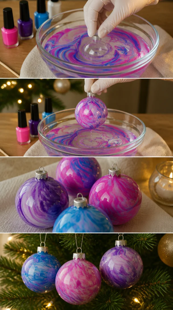 Wirbeliger Nagellack verwandelt klare Ornamente in glänzende marmorierte Dekorationen, die jedem Weihnachtsbaum farbenfrohen Charme verleihen.