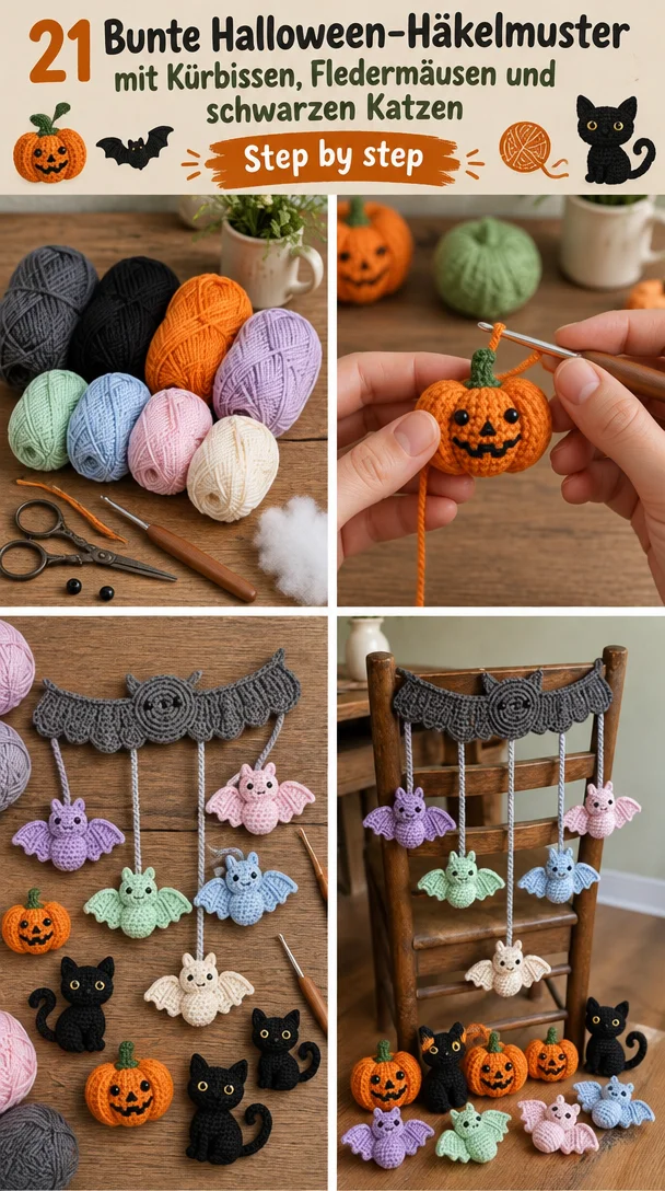 21 Bunte Halloween-Häkelmuster mit Kürbissen, Fledermäusen und schwarzen Katzen